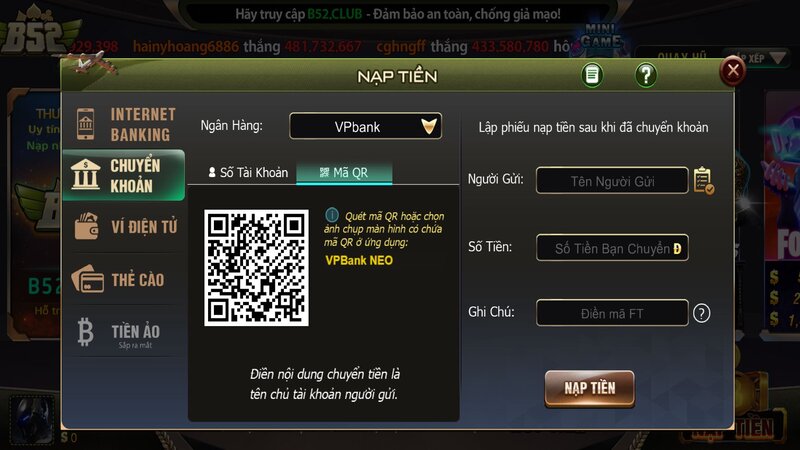 Hướng dẫn nạp tiền bằng chuyển khoản