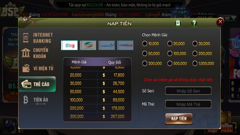 Hướng dẫn nạp tiền bằng thẻ cào