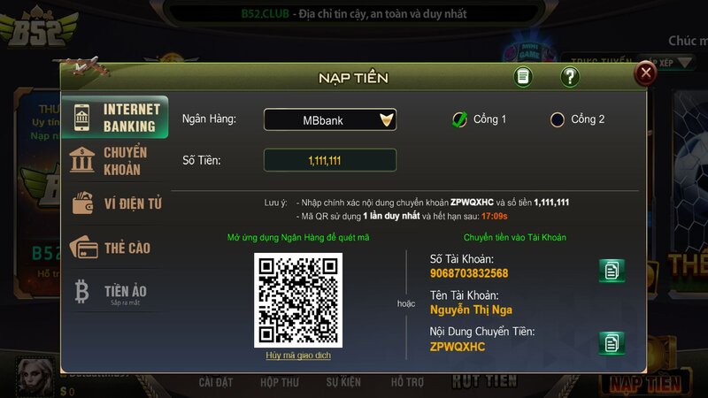 Nạp tiền vào B52 CLUB bằng MB bank bằng Codepay