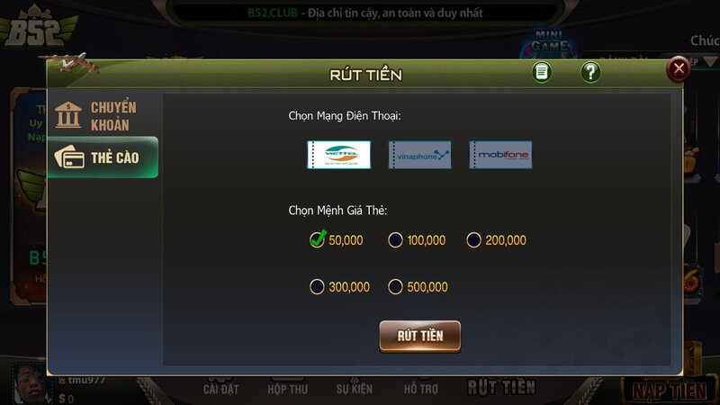 Hướng dẫn rút tiền B52CLUB bằng thẻ cào
